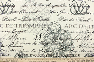  The fabric features French wording in varies scripts along with crowns, post marks and other designs in black, and gray against white .