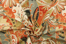 Load image into Gallery viewer, This fabric features a whimsical floral design in orange, red, gray, beige, khaki, cream and dark gray.
