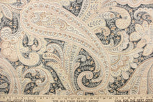 Load image into Gallery viewer, This fabric features a paisley design in gray, brown, rose pink, off white, and khaki.
