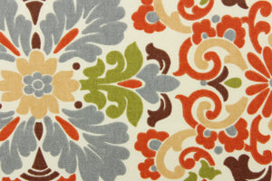 This intricate damask print features large and small flowers in shades of orange, olive green, brown and gray on a cream background. 