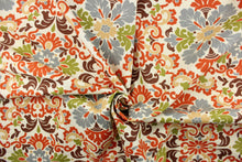 Load image into Gallery viewer, This intricate damask print features large and small flowers in shades of orange, olive green, brown and gray on a cream background. 
