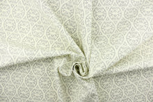 Load image into Gallery viewer, This screen printed fabric features a trellis design in gray and off white.

