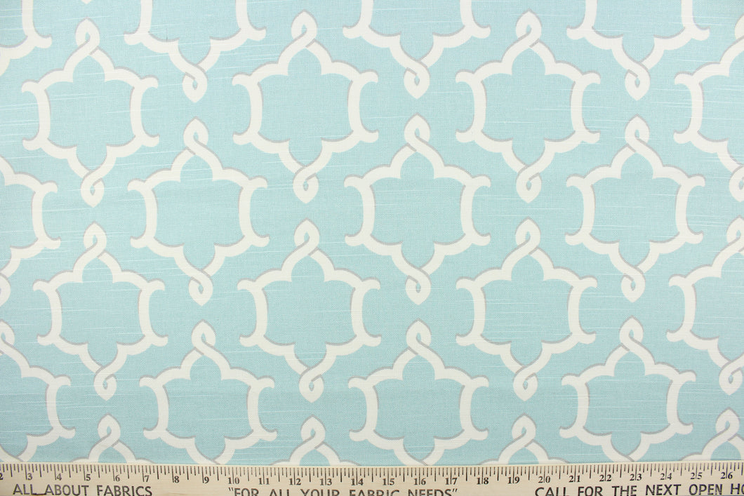  This fabric features a medallion print in ivory and gray on a robin blue background. 