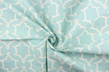 Load image into Gallery viewer,  This fabric features a medallion print in ivory and gray on a robin blue background. 
