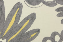 Load image into Gallery viewer, This fabric features a large print floral design in gray and yellow on a beige background and is perfect for any project where the fabric will be exposed to the weather.  
