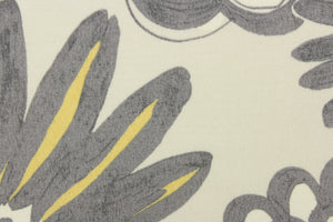 This fabric features a large print floral design in gray and yellow on a beige background and is perfect for any project where the fabric will be exposed to the weather.  