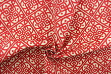 Load image into Gallery viewer, This screen printed fabric features a charming lattice print design in red against an off white cotton club print cloth. 
