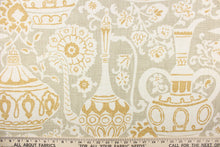 Load image into Gallery viewer, This screen printed on cotton slub fabric features decorative jars with accents of birds and foliage.  Colors include cream, gold and brown.
