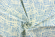 Load image into Gallery viewer, This screen printed fabric features a unique design in sky blue and off white. 

