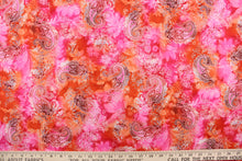 Load image into Gallery viewer, This 1 way lycra fabric features a paisley design in orange, pink, red, and white.
