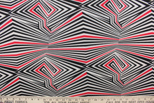 Load image into Gallery viewer, This 8 way stretch lycra fabric features a stripe design in black, red, silver and white.
