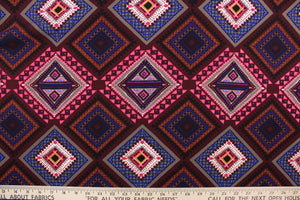  This 2 way lycra blend fabric features a Aztec design in hot pink, black, taupe, royal blue, gray, golden tan, white and burgundy. 