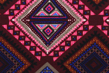 Load image into Gallery viewer,  This 2 way lycra blend fabric features a Aztec design in hot pink, black, taupe, royal blue, gray, golden tan, white and burgundy. 
