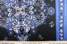 Load image into Gallery viewer, This chiffon fabric features a floral design in blue, pale yellow, black, and silver.
