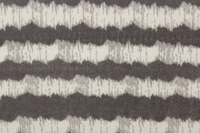 Load image into Gallery viewer, This chiffon fabric features a stripe design in  a taupe and gray. 
