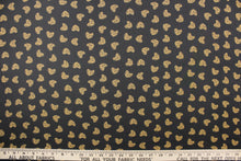 Load image into Gallery viewer,  This chiffon fabric features a heart design with a leopard design in tan and black against a black  background.
