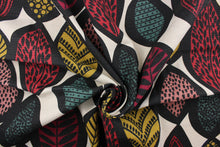 Load image into Gallery viewer, This fabric features a large leaf design in black, deep red, mustard yellow, rose pink and deep teal against a natural background.
