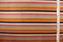 Load image into Gallery viewer, This suede lycra fabric features a stripe design in orange, nude, brown, tan, beige, dusty rose, and taupe . 
