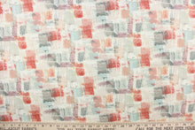 Load image into Gallery viewer, This fabric features an abstract design in coral, pink, gray, pale blue, pale nude, purple, and dull white.
