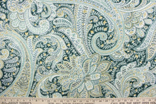 Load image into Gallery viewer, This fabric features a paisley design in green tones, white, olive, teal, golden tan, and blue green.
