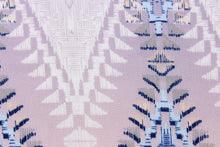 Load image into Gallery viewer,  This georgette fabric features a Aztec design in shades of blue, pink, gray, white, pale purple, and pale yellow.
