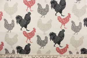 This fabric features a chicken design in black, red, light and dark gray against a natural background. 