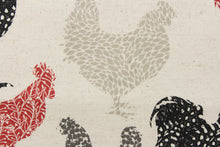 Load image into Gallery viewer, This fabric features a chicken design in black, red, light and dark gray against a natural background. 

