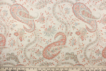 Load image into Gallery viewer, This fabric features a paisley vine design in cream. gray, taupe, and coral pink with hints of light beige. 
