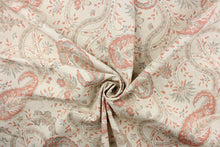 Load image into Gallery viewer, This fabric features a paisley vine design in cream. gray, taupe, and coral pink with hints of light beige. 

