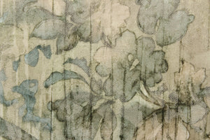 This jacquard fabric features a floral design in turquoise, green, beige, and hints of gray.