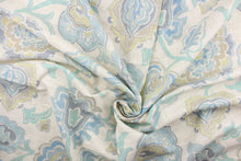 Load image into Gallery viewer, This linen blend fabric features a whimsical floral design in pale turquoise, pale green, silver, light tan, gray, and pale blue against a natural background.

