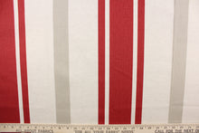 Load image into Gallery viewer, This fabric features a stripe design in red, beige, and off white. 
