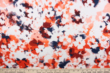 Load image into Gallery viewer, This jersey fabric features an abstract design in orange, dark blue, dark red, peach, gray and white. 
