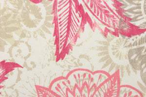 This fabric features a floral design in pink, white, light khaki, hot pink and beige.