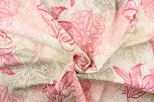 Load image into Gallery viewer, This fabric features a floral design in pink, white, light khaki, hot pink and beige.
