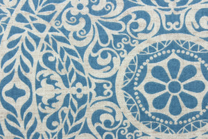 This fabric features a medallion design in blue and off white. 