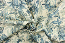 Load image into Gallery viewer, This fabric features a floral design in beige, blue, gray, and off white.
