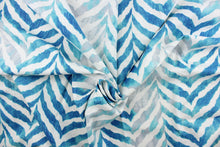 Load image into Gallery viewer, This fabric features a chevron zebra stripe design in turquoise, gray, white, and blue.
