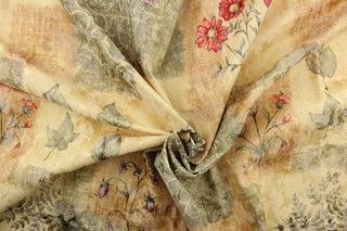 This jacquard fabric features a floral design in green, gold, red, dark pink, gray, and beige. 