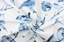 Load image into Gallery viewer,  This fabric features a bird design in varying shades of blue against a white background

