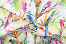 Load image into Gallery viewer, This fabric features a bird design in vibrant colors of purple, green, orange, pink, blue, yellow, black and white.
