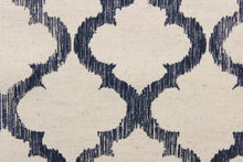 Load image into Gallery viewer, This fabric features a geometric design in dark navy blue against a natural background.
