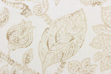 Load image into Gallery viewer, This linen fabric features a floral design in beige or khaki and white. 
