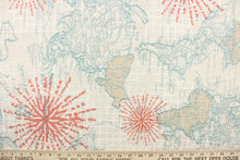 Load image into Gallery viewer, This chenille fabric features a world map with an oversized compass in blue, coral and off white

