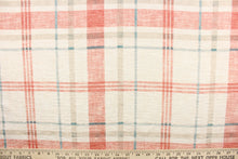 Load image into Gallery viewer, This velvet chenille fabric features a plaid design in coral pink, blue, cream, and a grayish khaki
