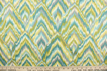 Load image into Gallery viewer, This fabric features a chevron design in  gray, turquoise, teal, off white, olive green, and pale yellow.
