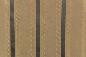 This stunning yarn dyed fabric features a striped pattern in gold tones and gray. 