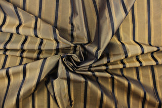 This stunning yarn dyed fabric features a striped pattern in moss green and black .