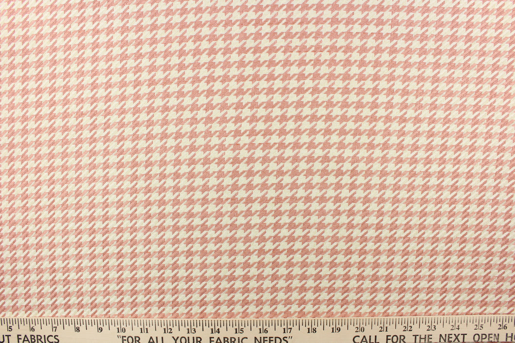This houndstooth chenille fabric in beige and peony is perfect for accent pillows, throws, blankets, window treatments (draperies and valances), and upholstery projects. 