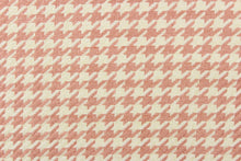 Load image into Gallery viewer, This houndstooth chenille fabric in beige and peony is perfect for accent pillows, throws, blankets, window treatments (draperies and valances), and upholstery projects. 
